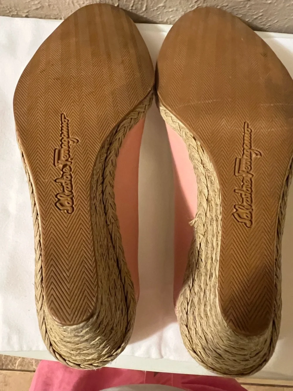 Salvatore Ferragamo 7 1/2 C  Pink Leather Bow Espadrille Wedges Shoes Pumps - Picture 4 of 13